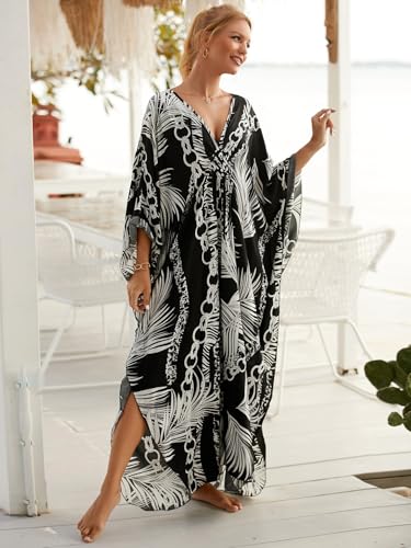 Image of IMAGEKOPE Women's Plus Size Animal Print V-Neck Batwing Kaftan Beach Dress Bathing Suit Cover-Up Loungewear