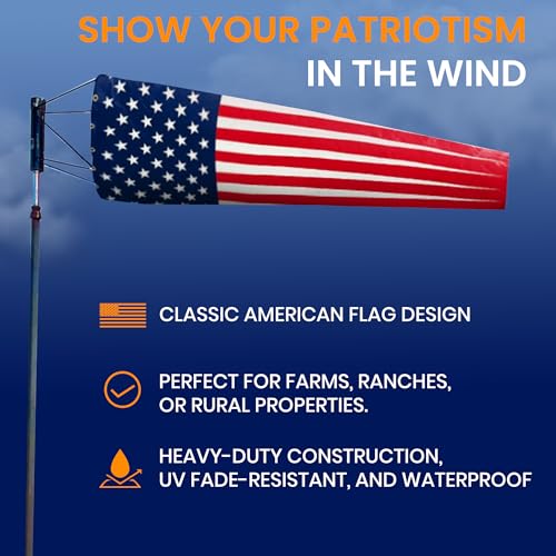 10\"x36\" USA Windsock | Heavy Duty Outdoor Wind Sock | Waterproof, UV Fade Resistant, Quad Stitched, Zip Ties Included | Ideal for Agriculture, Hangars, Farms | American Flag Design