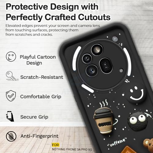 Image of AESTMO Back Case Cover for Nothing Phone 3A Pro 5G | Cute Fun Cartoon 3D Ball | Coffee Silicone Case | Full Body Protection | Camera Protection Back Cover for Nothing Phone 3A Pro 5G (Black)