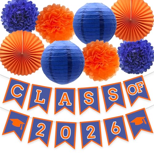 Image of Blue Graduation Orange Party Decoration Class Banner Hanging Pom Poms Flowers High School College Grad Supplies
