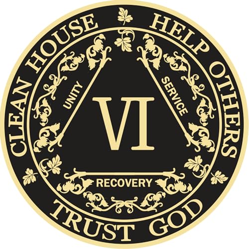 Black & Gold 1-10 Years Alcoholics Anonymous Medallion AA Coin Capsule Included (Six Years)