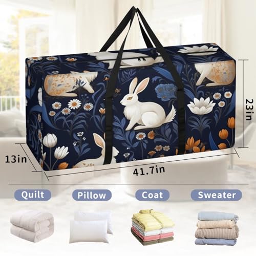 Abstract Rabbit Extra Large Moving Bags Heavy Duty Storage Bags Ethnic Flowers Cloth Wrap Around Handles Double Zipper Reusable Convenient Foldable Storage Tote for Travel Camping Space Save2