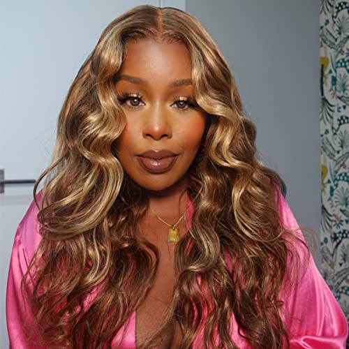 Unice 12A Body Wave Blonde Highlight 13X5X1 Lace Front Wig Human Hair Middle Part Pre Plucked Malaysian Ombre T Part Lace Piano Colored Frontal Wigs 180% Density Tl412 Color 24 Inch #TOP7