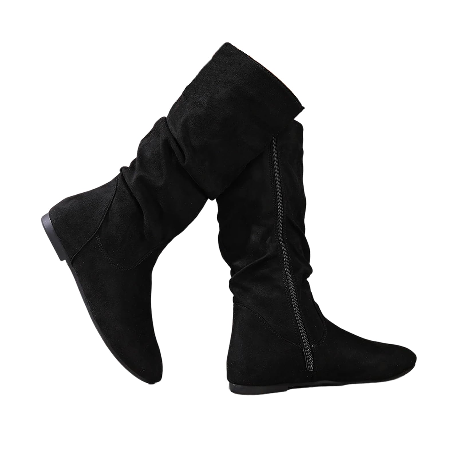Womens Slouch Mid Calf Flat Boots Suede Low Heel Comfort Casual Boots Vintage Round Toe Fall Booties with