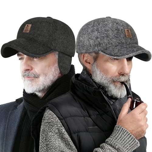 Yooooomi 2 Pack Winter Outdoor Hats for MenAdjustable Warm Baseball Caps with Ear FlapsDad Caps (US Alpha One Size Black+Grey)