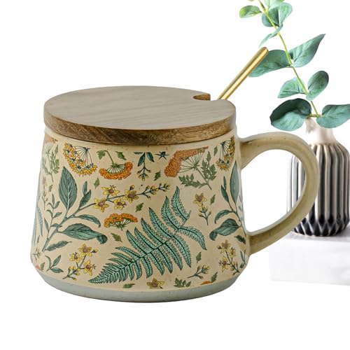 SVCEQZE Taza de café con flores | Taza de té con tapa y cuchara - Vaso de cerámica vintage para beber té, café, bebidas leche, para el hogar, cocina, té, café, bebidas lácteas, cafetería