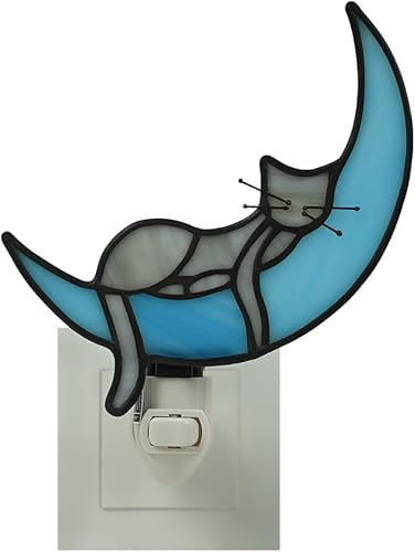 Miniatura 6 de BOXCASA Luz nocturna de gato blanca con bombilla, lámpara de gato de vidrieras, luces nocturnas amarillas cálidas enchufables a la pared para sala