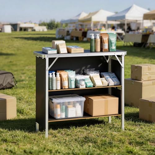 Image of VEVOR Folding Portable Bar Table, 38.6 x 15.2 x 34.3 in, with Carry Bag, Storage Shelf, and Detachable Skirt, Quick and Easy Setup, Foldable Mobile Bartending Station for Events, Party, Tradeshow