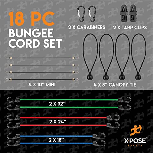 Image of Heavy Duty 18pc Bungee Cord Set with Hooks, Canopy Ties, Luggage Net & Organizer Bag - Assorted Sizes (18 inch, 24 inch, 32 inch) for Outdoor, Bike Racks, Motorcycles