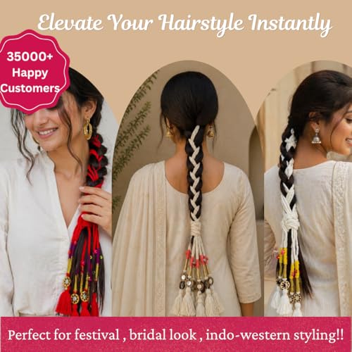 Image of Zippy Flora Handmade Boho Parandi / Paranda Traditional Hair Accessory for Women & Girls | Ethnic Braided Hair Tassels, Choti Hair Extension, Decorative Braid Jewelry for Festive & Wedding Hairstyles (Neelima Off-White)