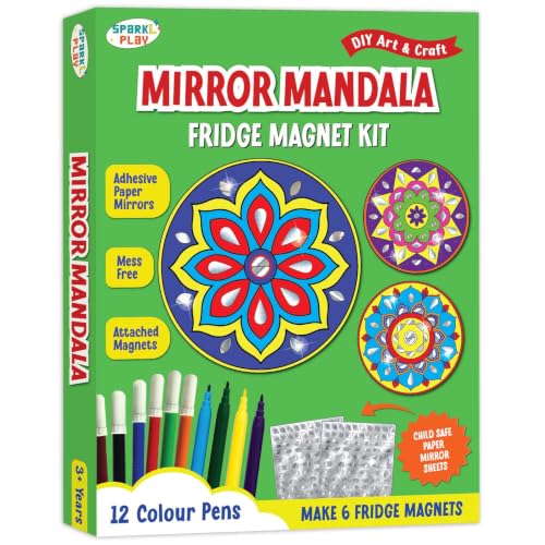 Image of SparkLPlay DIY Mirror Mandala Art Kit for Kids. Coloring Set with - 6 Magnetic Cutouts,12 Color Pens & 100+ Mirror Stickers. Creative Art & Craft. Mess Free. Gifts for Kids.