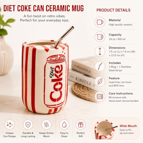 Image of OCEAN STORE Handmade Ceramic Diet Coke Can Fizz Sipper Mug with Stainless Steel Straw, 500 ml, Microwave & Dishwasher Safe (Set of 2)