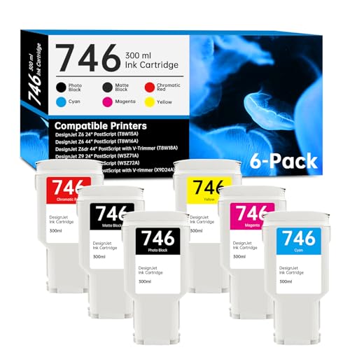 746 Ink Cartridge 300-ml Set with New Chip Replacement for HP 746 Ink Cartridge P2V83A P2V82A P2V81A P2V80A P2V79A P2V78A for DesignJet Z6 & Z9+ Large Format Printer, 6-Pack 746 High Capacity Ink Kit