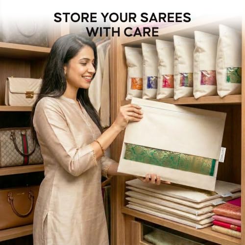 Image of DALUCI Saree Covers for Storage Pack of 12 | Cotton Saree Covers with Zip Transparent Mesh Window | Saree Organiser for Wardrobe | Saree Bags for Storage Big Size 16 x 14 Inch | Beige