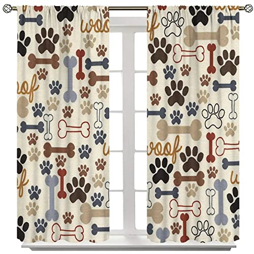 Dog Paw Print Blackout Curtains, Cartoon Dog Paw Print And Bones Window Treatment Thermal Insulated Curtain For Living Room Bedroom 2 Panels Set, 52X84 Inch #TOP7