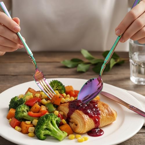 Image of 12 Pcs Rainbow Slim Handle Stainless Steel Cutlery Set for Dining Table with Spoons and Forks Set + Butterknives - The Perfect Tableware /Flatware