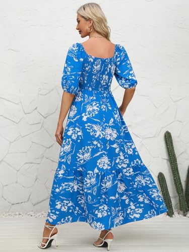 Image of Lyrur Summer Boho Smocked Maxi Dresses for Women Casual Puff Sleeve Square Neck A Line Tiered Ruffle Ankle Length Dress