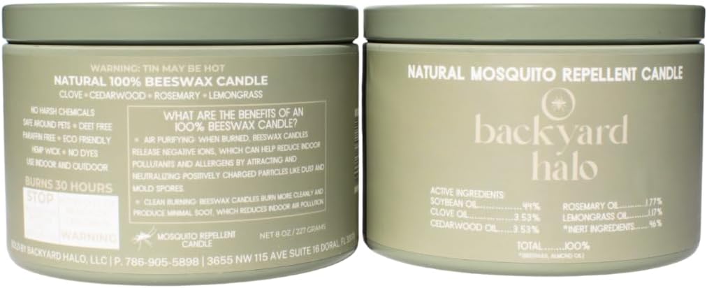 Mosquito Repellent Candle | 100% Beeswax Infused with Essential Oils | Two 8 oz | 60 Hour Burn Time | DEET Free | for Indoor and Outdoor | Eliminates Odors