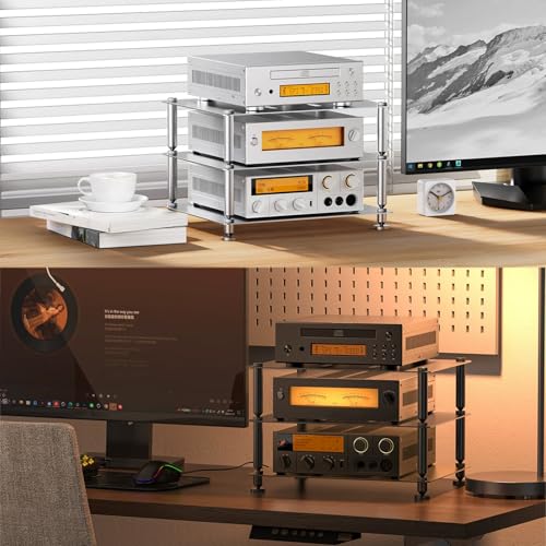 Estante de componentes de audio ventilado con pies que absorben los golpes y tres niveles 7