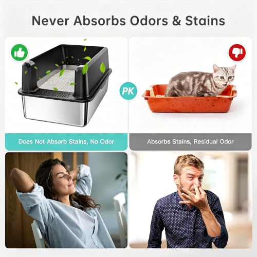Image of WoofiGo Stainless Steel Cat Litter Box with Lid, XL Extra Large Metal Kitty Litter Box Enclosed for Big Cats, High Sided, Anti-Urine Leakage, Non-Stick Bottom, Include Litter Mat & Metal Scoop (Black)