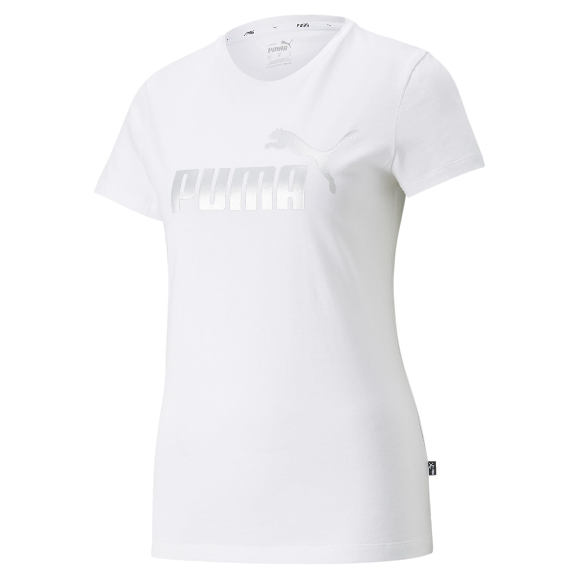PUMA Damen Essentials+ Metallic Logo T-Shirt, Weiß, XS EU