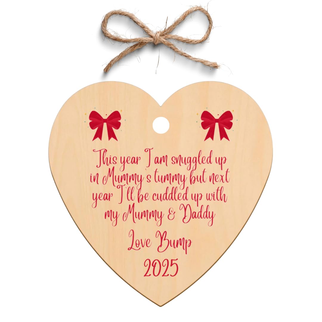 Second Ave Gift Company Light Brown Second Ave Baby Bump Christmas Wooden Hanging Heart Christmas Xmas Tree Decoration Bauble
