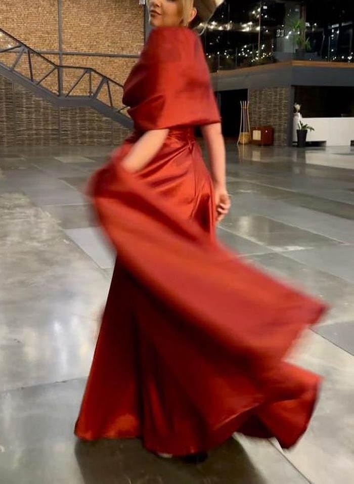 A-Line V-Neck Off The Shoulder Satin Mother of The Bride Dress Ruffles Formal Long Evening Dress3