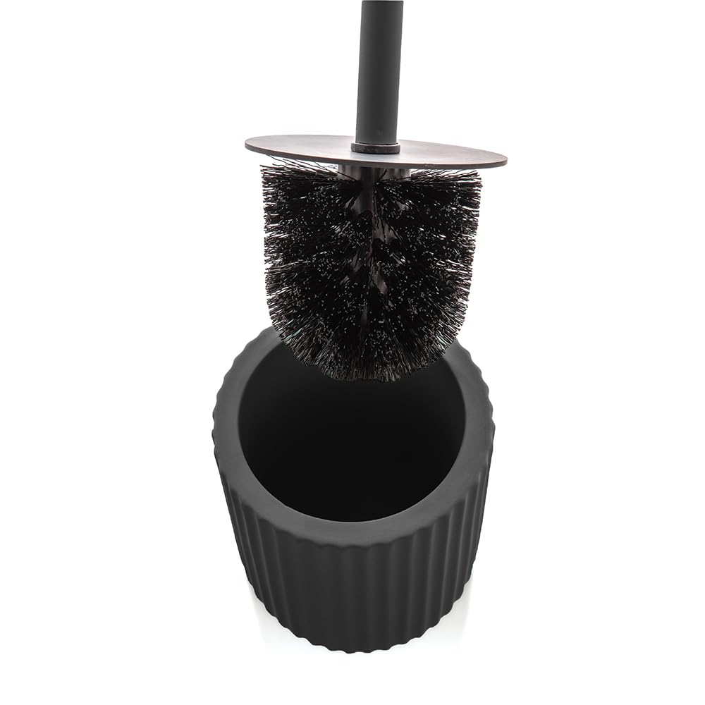 URBNLIVING Set Bagno 3 Pezzi In Ceramica Lucida Nera – Scopino WC, Dispenser Sapone E Portaspazzolino, Con Manico Acciaio Inox