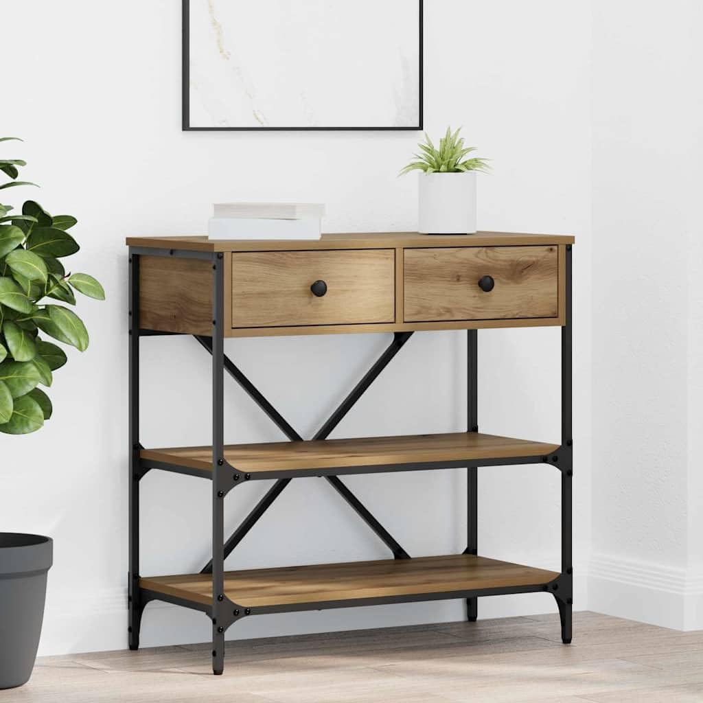 SXZenSpace Slim Console Table with 2 Drawers 100 x 34.5 75 cm Brown Engineered Wood and Metal Frame Narrow Hallway Side for Living Room Corridor Bedroom