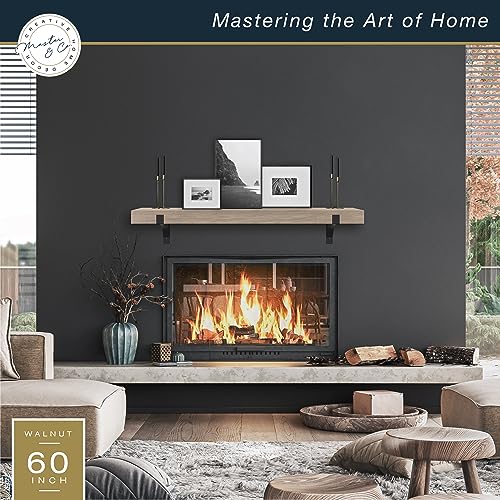 Image of Master & Co. Modern Floating Fireplace Mantel with Black Metal Brackets, Long Floating Shelves for Wall Decor, 60 inches, Natural Woodgrain