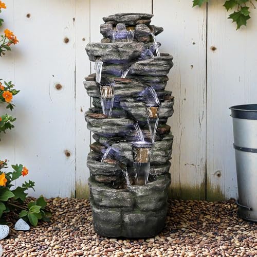 Image of SunJet 47.2 inch High Multi-Tiers Cascading Rock Outdoor Water Fountain with LED Lights - Large Outdoor Resin Fountains and Waterfalls for Garden or Patio, Yard, Deck Decor, Featuring Natural Stone Look