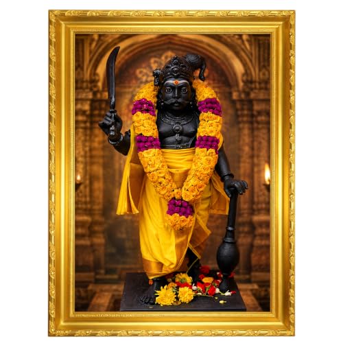 Image of ZirFrame Lord Karuppanasamy Premium 18 m Padi Karuppusamy Photo Frame for Wall Decoration | HD Divine Tamil God Artwork with Durable Wooden Frame | Spiritual Home Temple Decor Gift for Pooja Room, Living Room, Office | Traditional South Indian Devotional Wall Art Frame (Gold3, 8 x 12 Inch)