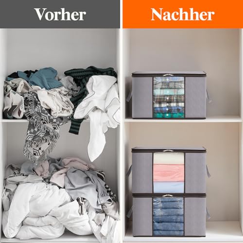 Lifewit 50L Aufbewahrungstasche Kleidung, Kisten Aufbewahrung mit Deckel Kleideraufbewahrung aufbewahrungsbox Kleiderschrank Organizer mit Verstärkt Griff für Kleider Bettzeug, 4 Stück, Hellgrau