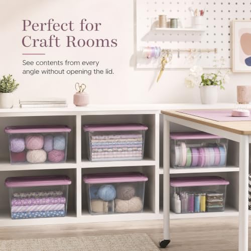 Image of Storage Bins 66 Qt Clear Latching Lid Stackable 6 Pack Purple