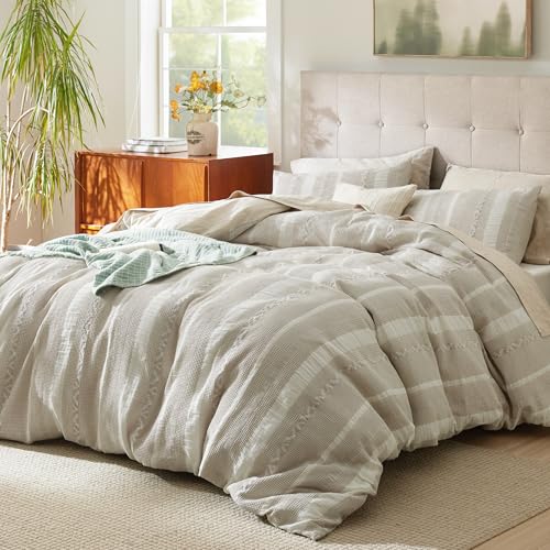 Image of Bedsure Waffle Queen Comforter Set - Linen Soft Cotton Bedding Set for All Seasons, Stripe Fluffy Bed Set 3 Pieces with 1 Waffle Weave Comforter Queen Size and 2 Pillow Shams