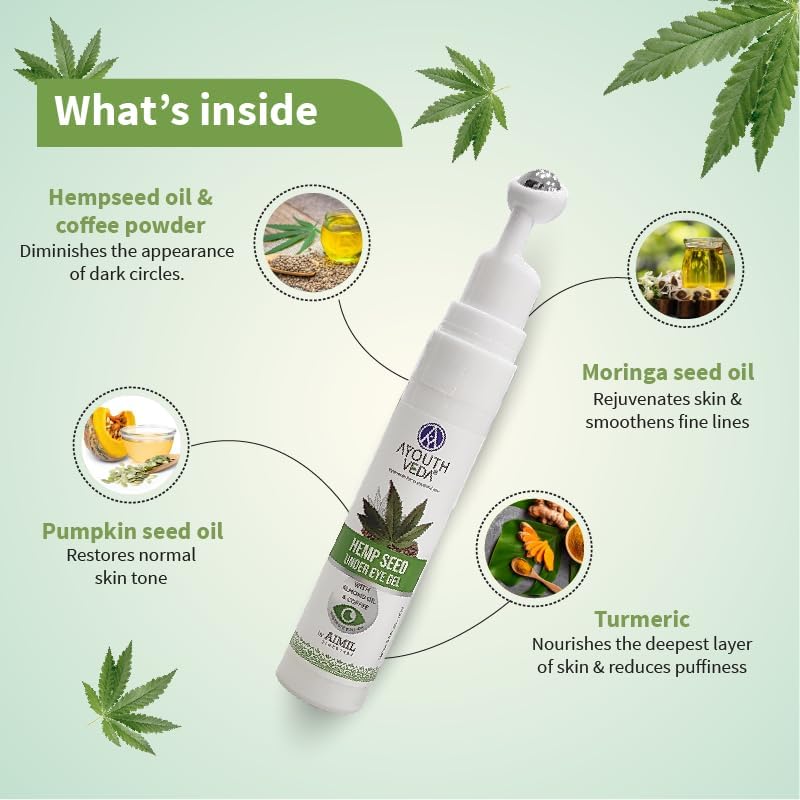 Hemp Seed Under Eye Gel with Cooling Massage Roller|For Puffy Eyes, Dark Circles, Wrinkles & Fine Lines|With Hemp Seed Oil, Almond oil & Coffee| (Pack of 1;15ml)