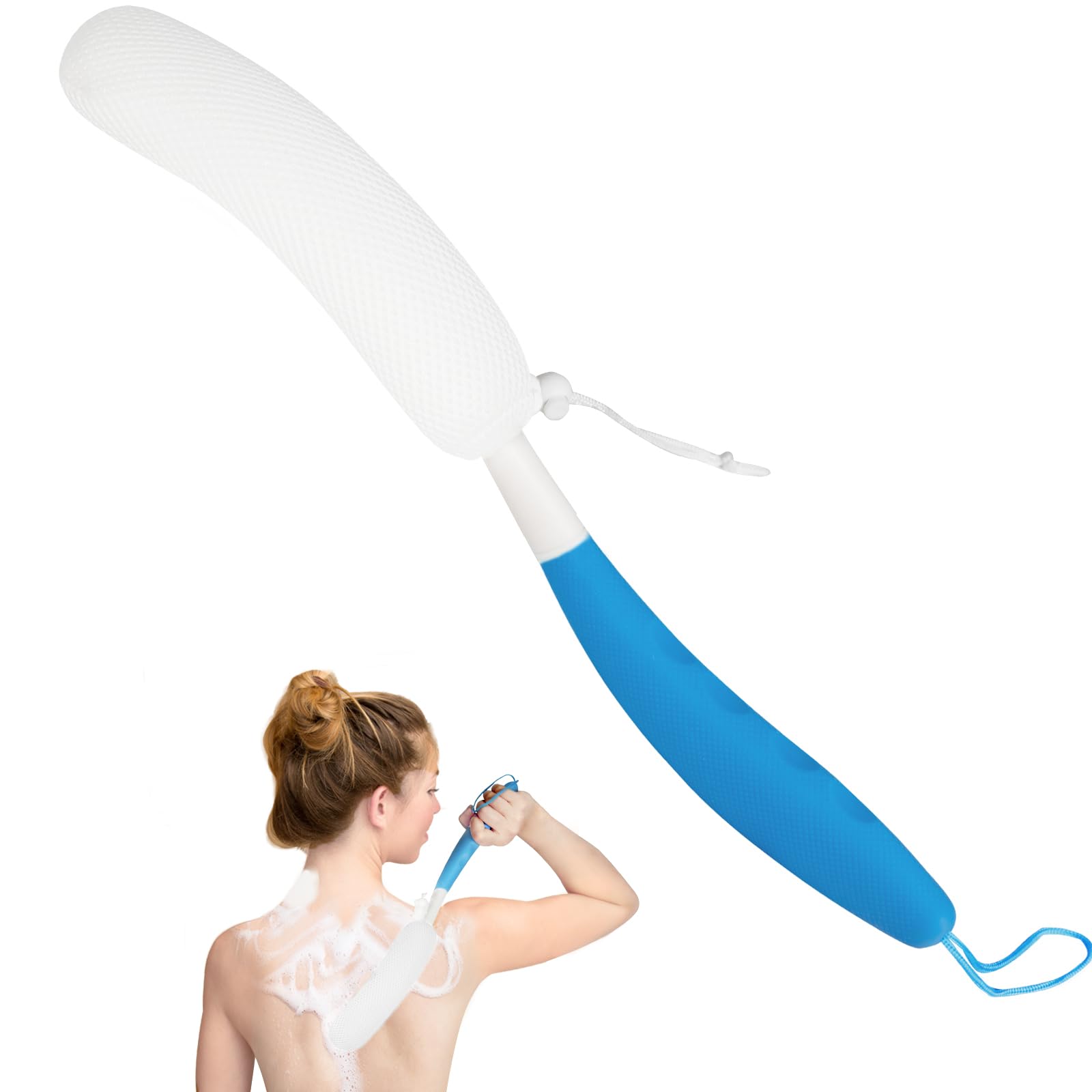 Leetye MeiLong-Handle Back Bath Brush, with Anti-Slip Long-Handle Back Scrub net, is Used for Auxiliary Bath and Shower for The Elderly and People with Limited Activities (Blue-White)