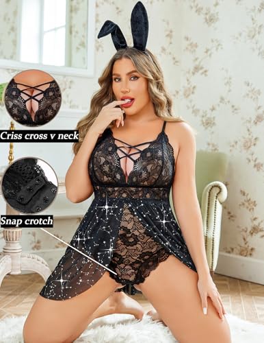 Image of Avidlove Plus Size Babydoll Womens Snap Crotch Lingerie V Neck Lace Nighty Sleepwear L-5XL