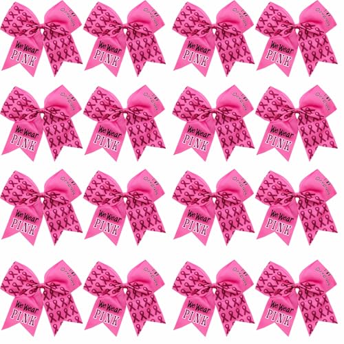 16 Pieces 7 Inch Breast Cancer Awareness Cheer Hair Bows Ponytail Holder Large Glitter Pink Ribbon Hair Bows Accessories Elastic Band Handmade for Teens Women