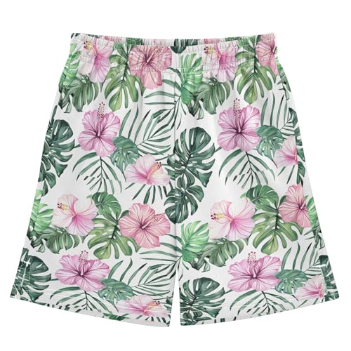 senya Boys Athletic Short Watercolor Pink Hibiscus Flowers Soft Pants Summer Shorts Bottoms with Pocket