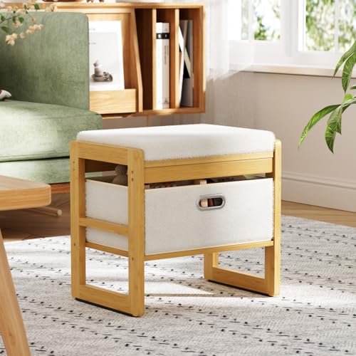 Atoping Storage Ottoman Bamboo Footstool with Drawer 3-in-1 Soft Ottoman with Storage Multifunctional Footrest Seat & Organizer for Living Room Bedroom Entryway Gift Set for Family