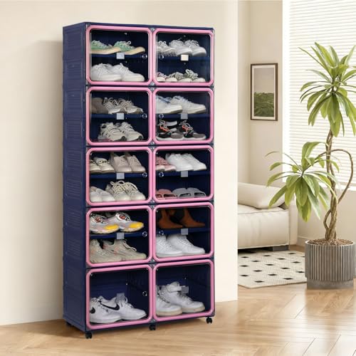 Image of Folding Shoe Rack Storage Device,Large Plastic Folding Shoe Cabinet, Easy to Assemble Shoe Rack Storage Cabinet with Transparent Door Magnetic Buckle(9Tiers,36Pairs) Blue and Pink