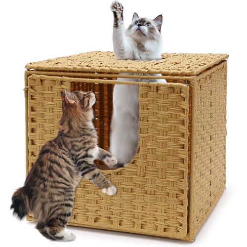 GHWMYD Katzenschrank, Katzentoilette, Handgewebte Versteckte Katzentoilettenmöbel, Katzenhaus mit Tür und separater Trennwand, Katzenhöhle 50 x 52...