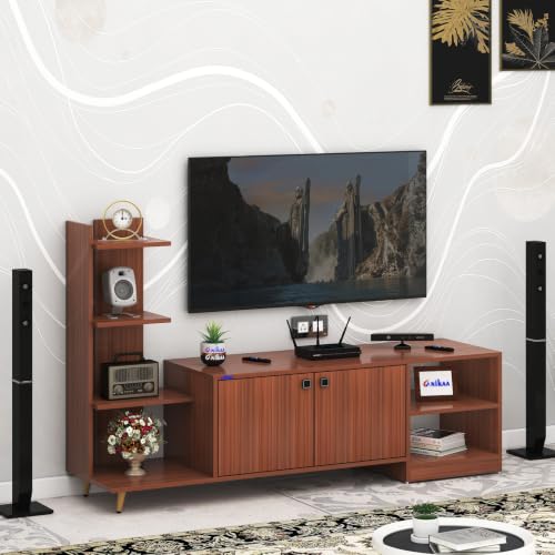 Image of Anikaa Moracca Engineered Wood Floor Standing Modern TV Unit with Side Shelves and 2-Door Cabinet & Open Storage Box Up to 43 inch Entertainment Units | for Living Room | Walnut Finish | DIY-Installation