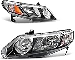 AUTOSAVER88 Headlight Assembly Compatible with 06 07 08 09 10 11 Civic Sedan 4-Door Headlamp with Amber Park Lens Black Housing Amber Reflector