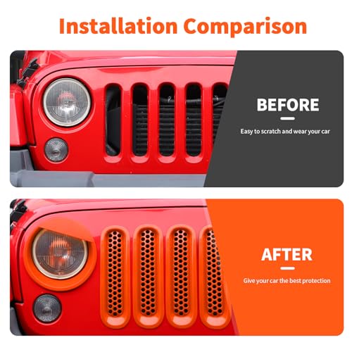 Image of Mesh Grille Grill Insert+ Headlight Turn Light Cover Trim Fit for 2007-2018 Jeep Wrangler JK JKU Style A(Orange)