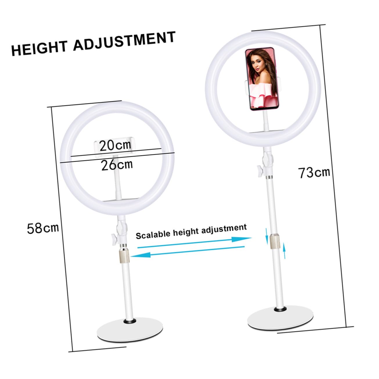 Luce LED per Selfie Regolabile 10 Pollici Bianca in Ferro e Plastica | Modalità di Illuminazione Regolabile, Cavo Usb Incluso, per Make-Up, Fotografia e Video, Supporto Stabile