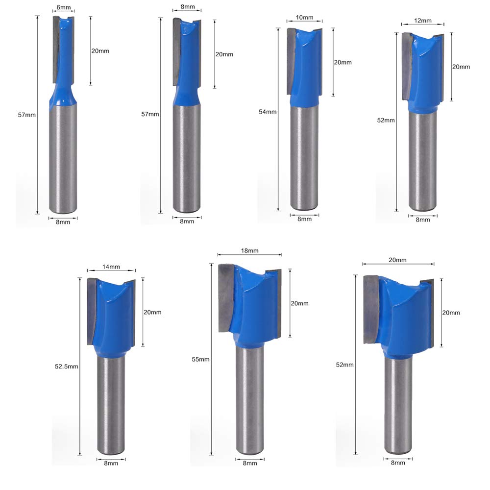 ASNOMY 7Pcs Fraise droite à queue de 8 mm, 6mm 8mm 10mm 12mm 14mm 18mm 20mm de diametre Fraise à Bois Routeur à Coupe Droite Flush Trim Pattern Router Pour le Travail du Bois