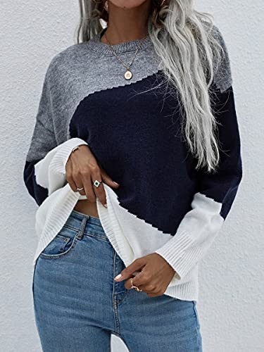 Image of ECOWISH Women Sweater Long Sleeve Color Block Knit Pullover Sweaters Crew Neck Patchwork Casual Loose Jumper Tops