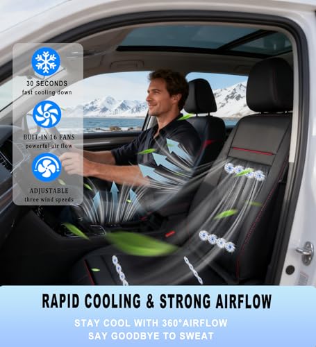 VLFLG Winter Use 3-in-1 Cooling Car Seat Cover with Massager & Climate Control, Ventilated Seat with 16 Fans, 12V Driver Seat Cooler for Car SUV Truck (Warm&Cooling&Massage-3)